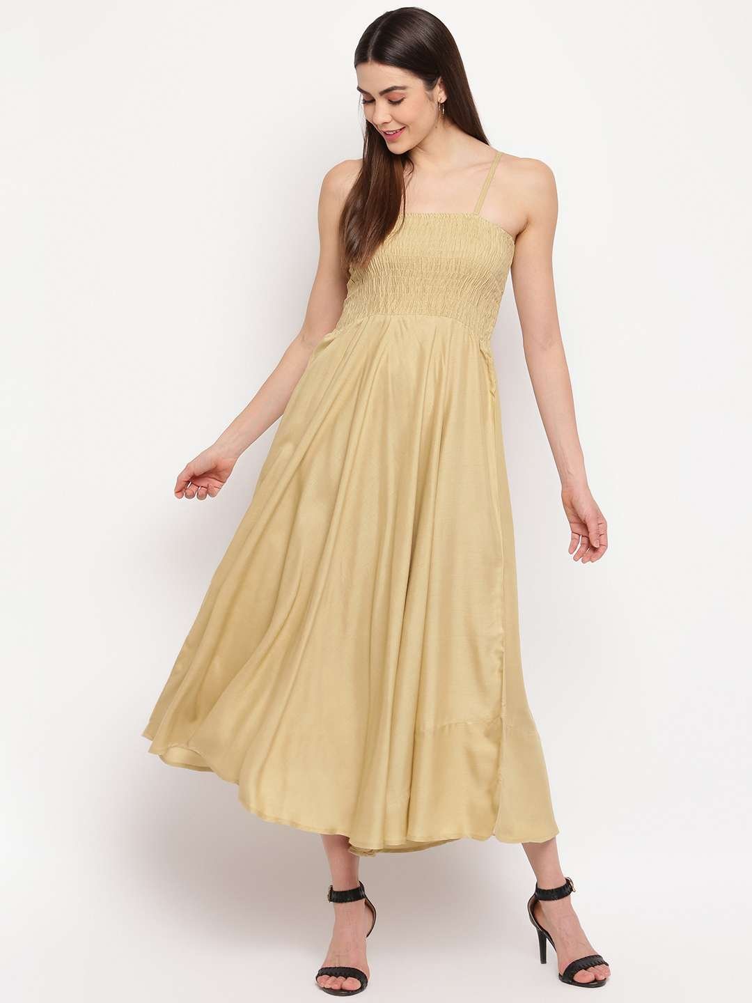 Women's Viscose Rayon Solid Shoulder Straps Sleeveless Flared Gown Drees (Beige) - Image 5