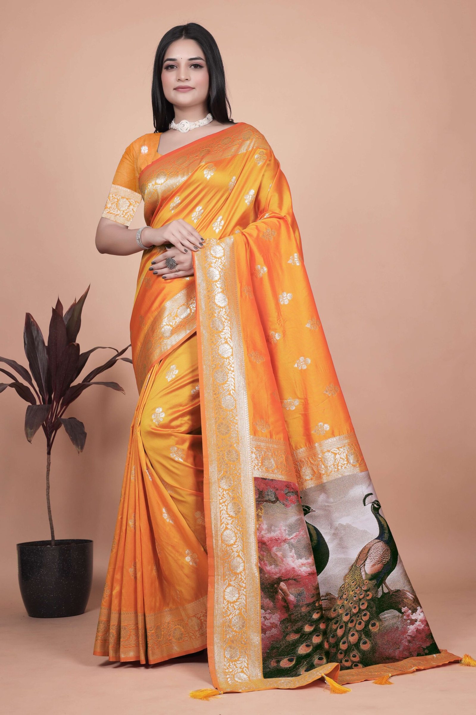 Radiant Orange Silk Saree with Golden Zari & Peacock Pallu | Festive, Wedding & Traditional Wear - Image 6