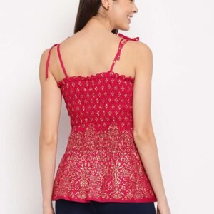 Women's Rayon Floral Printed Casual Summer Style Tie Shoulder Straps Free Size Tank Top ( Maroon Gold Pattern)