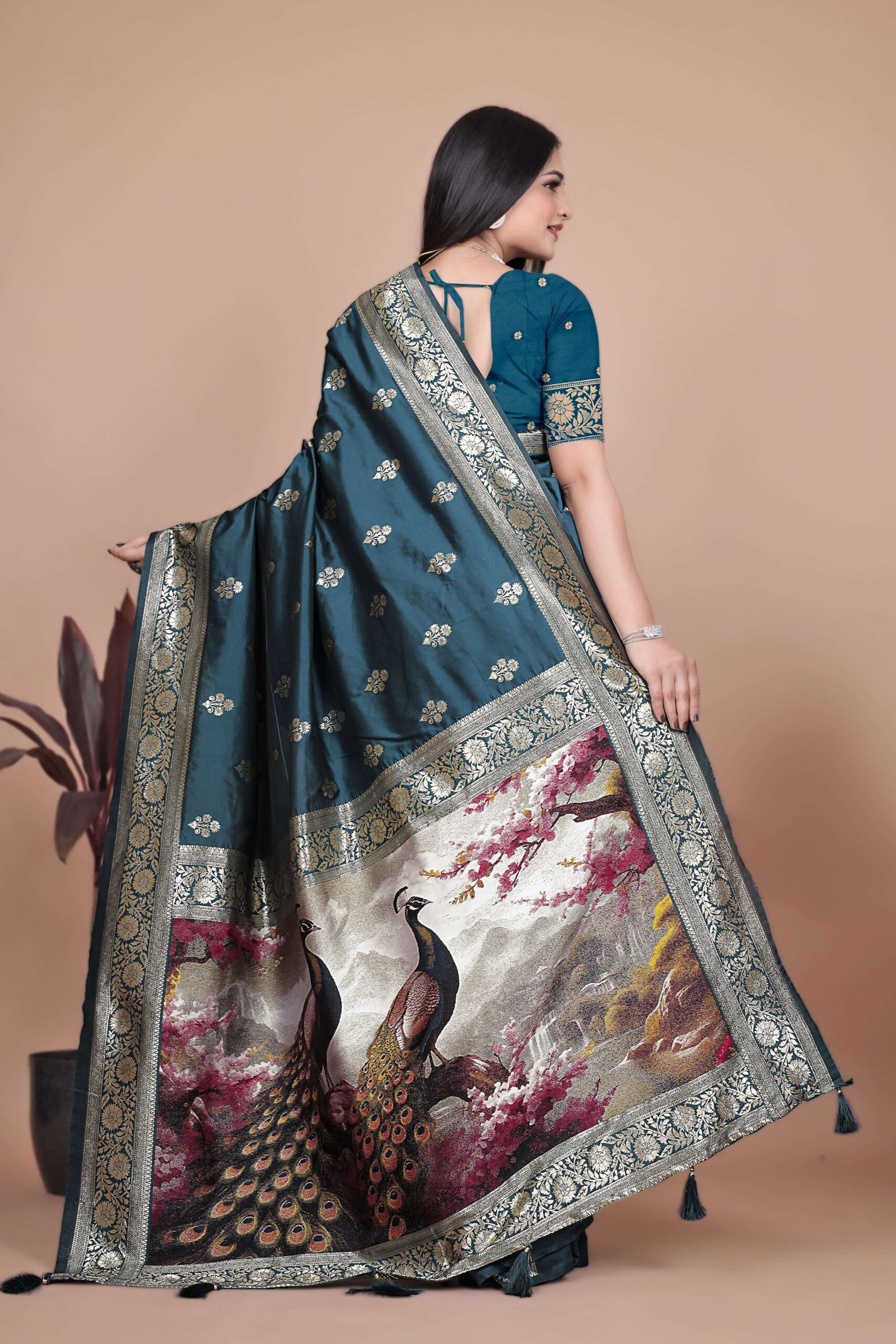 Teal Banarasi Silk Saree with Golden Zari & Peacock Pallu | Wedding, Festive & Traditional Wear - Image 3