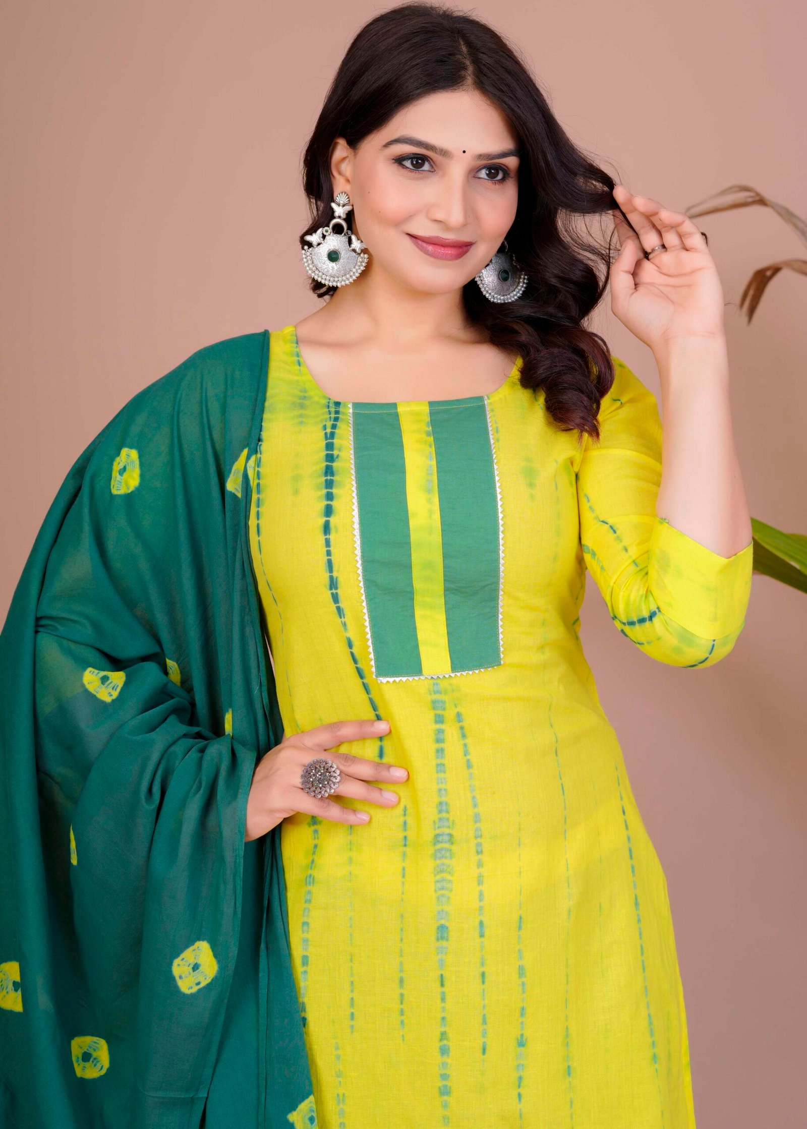 Women's Yellow & Green Cotton Tie-Dye Straight Kurti with Pant & Dupatta Set - Image 4