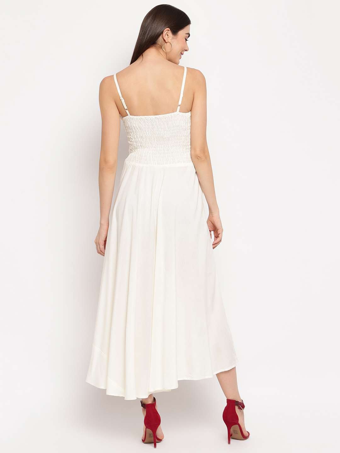 Women's Viscose Rayon Solid Shoulder Straps Sleeveless Flared Gown Drees (Cream) - Image 2