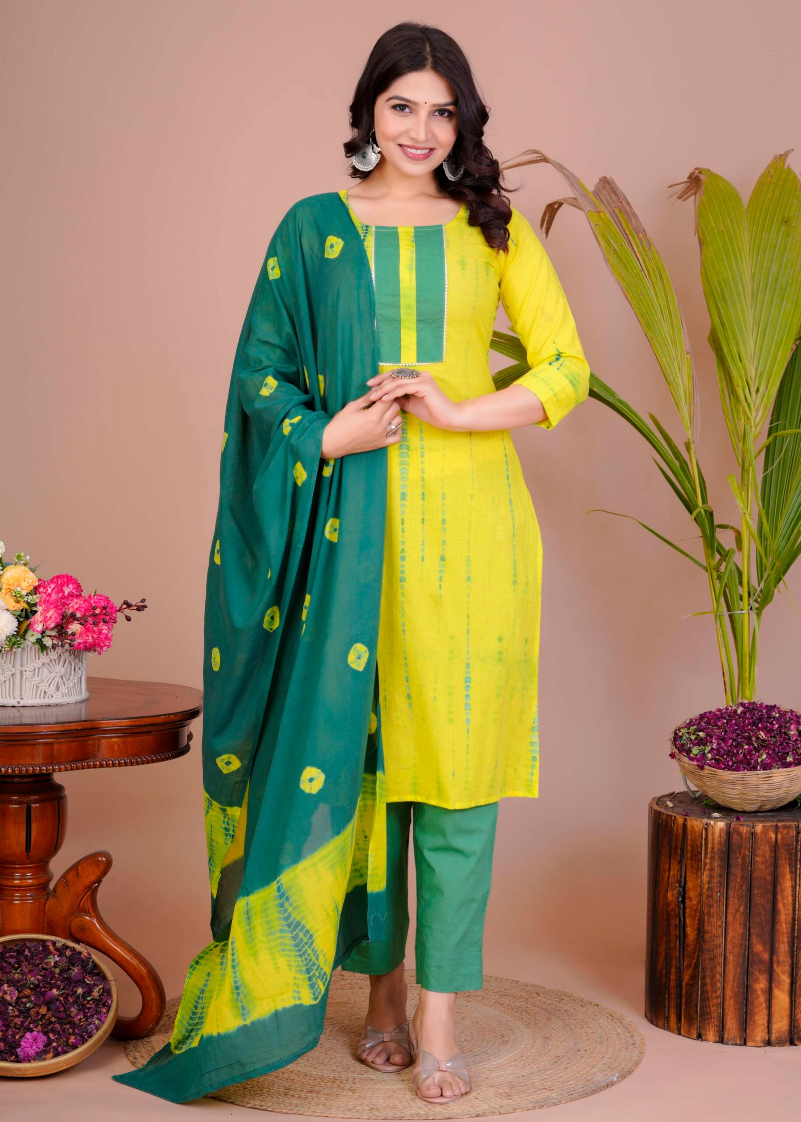 Women's Yellow & Green Cotton Tie-Dye Straight Kurti with Pant & Dupatta Set - Image 2