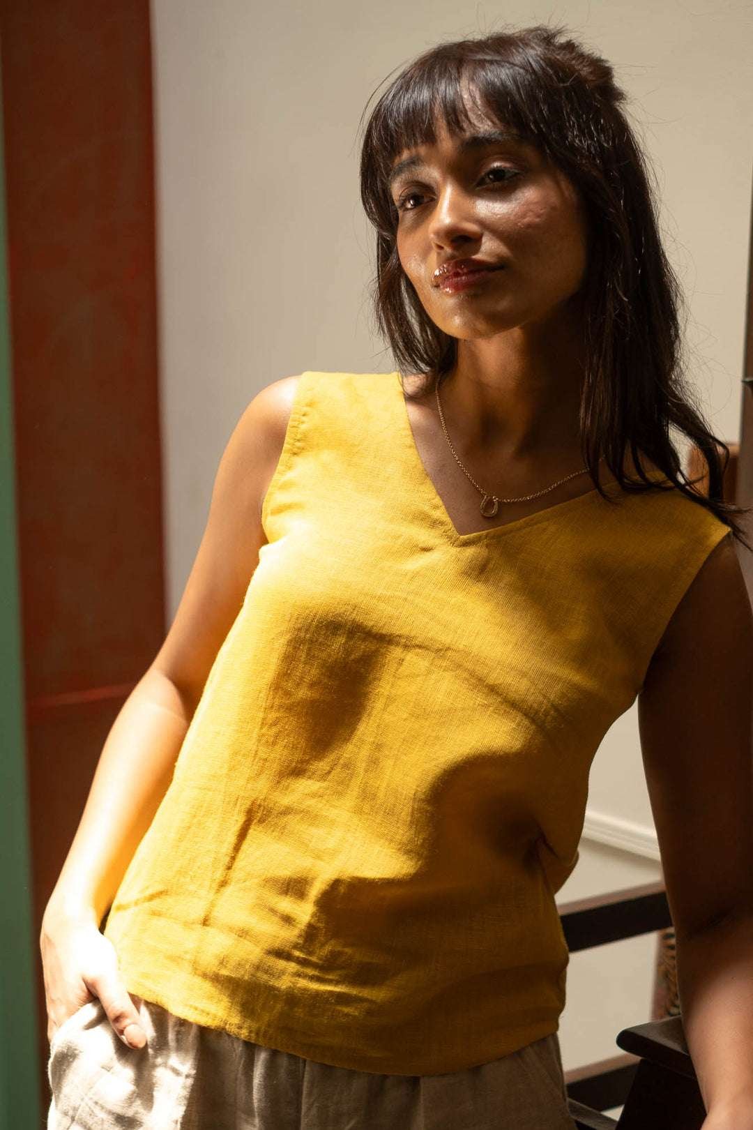 Women's Cotton Solid V Neck Sleeveless 2 Piece Outfit Loose Tank Top and Wide Leg Palazzo Pants Sets cord set ( Yellow )