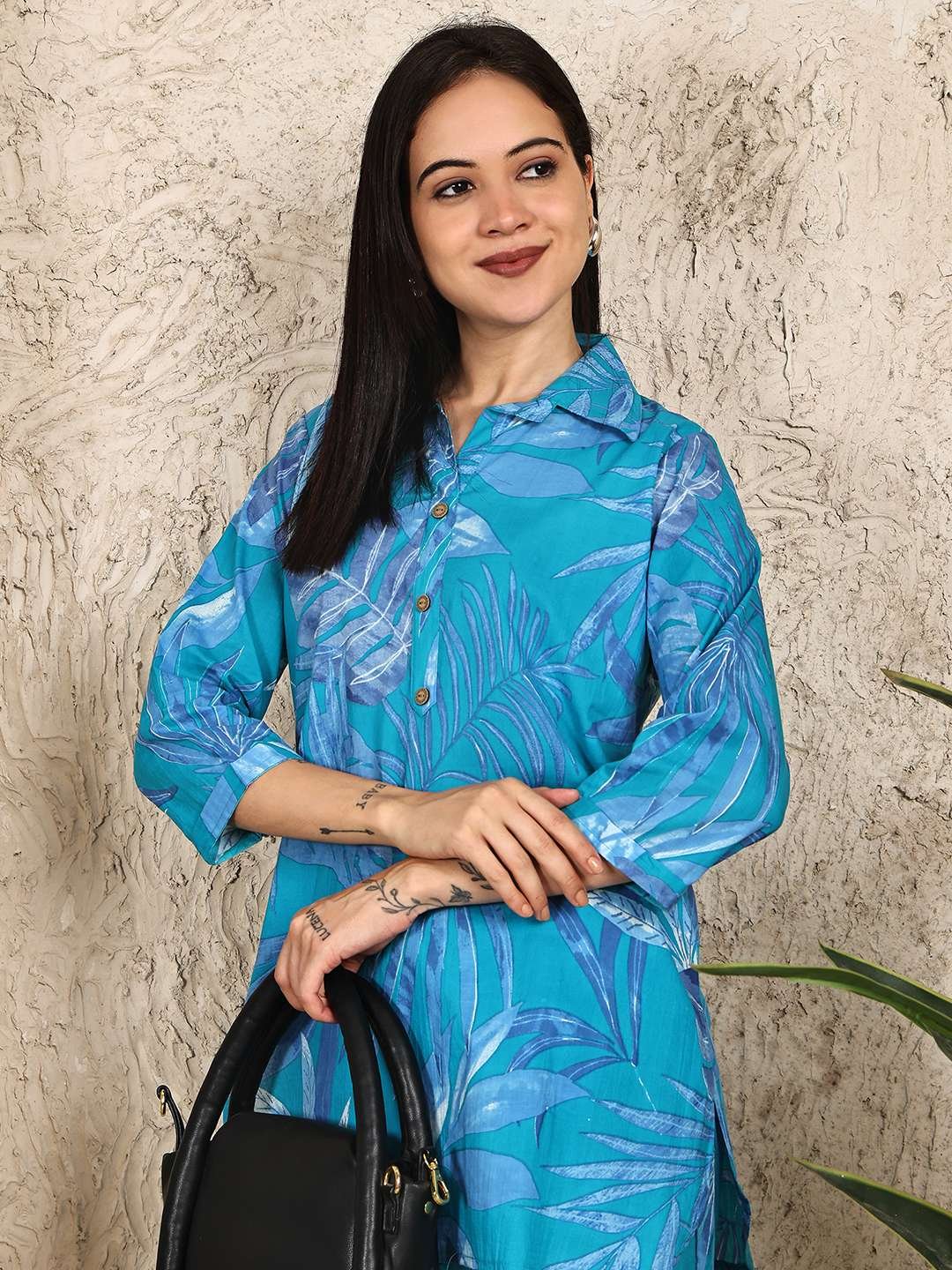 Women's Pure Cotton Printed Collared Top and Pant Co-ord Set (Blue) - Image 5