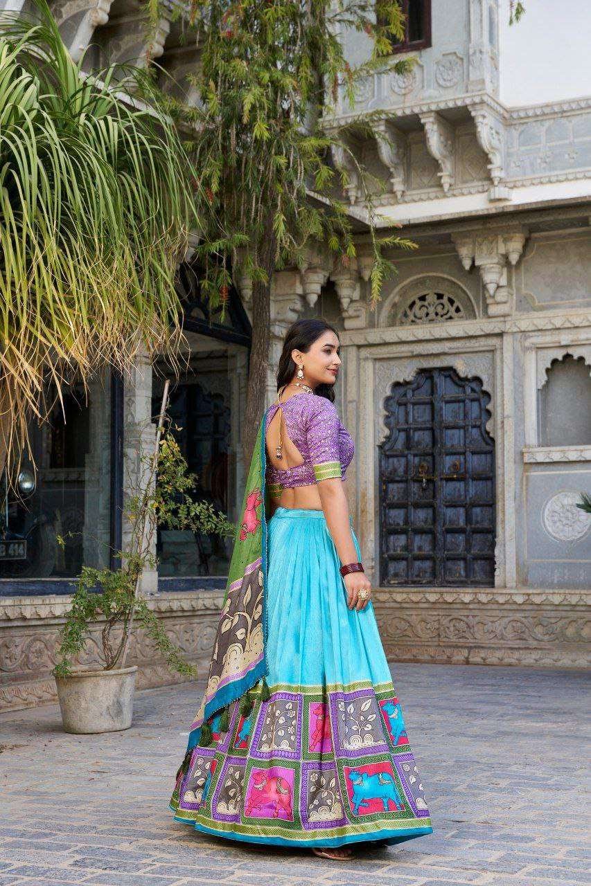 Sky Blue Tussar Silk Lehenga Choli with Purple Blouse | Kalamkari & Foil Work | Wedding & Festive Wear - Image 3