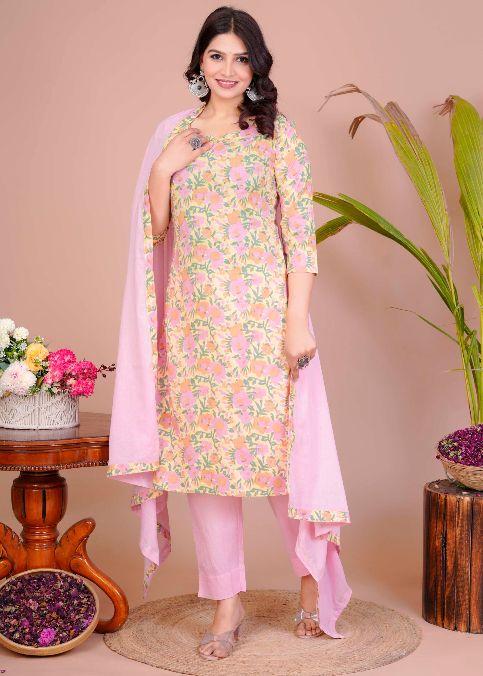Women's Pink Cotton Printed Straight Kurti with Pant & Dupatta Set - Image 4