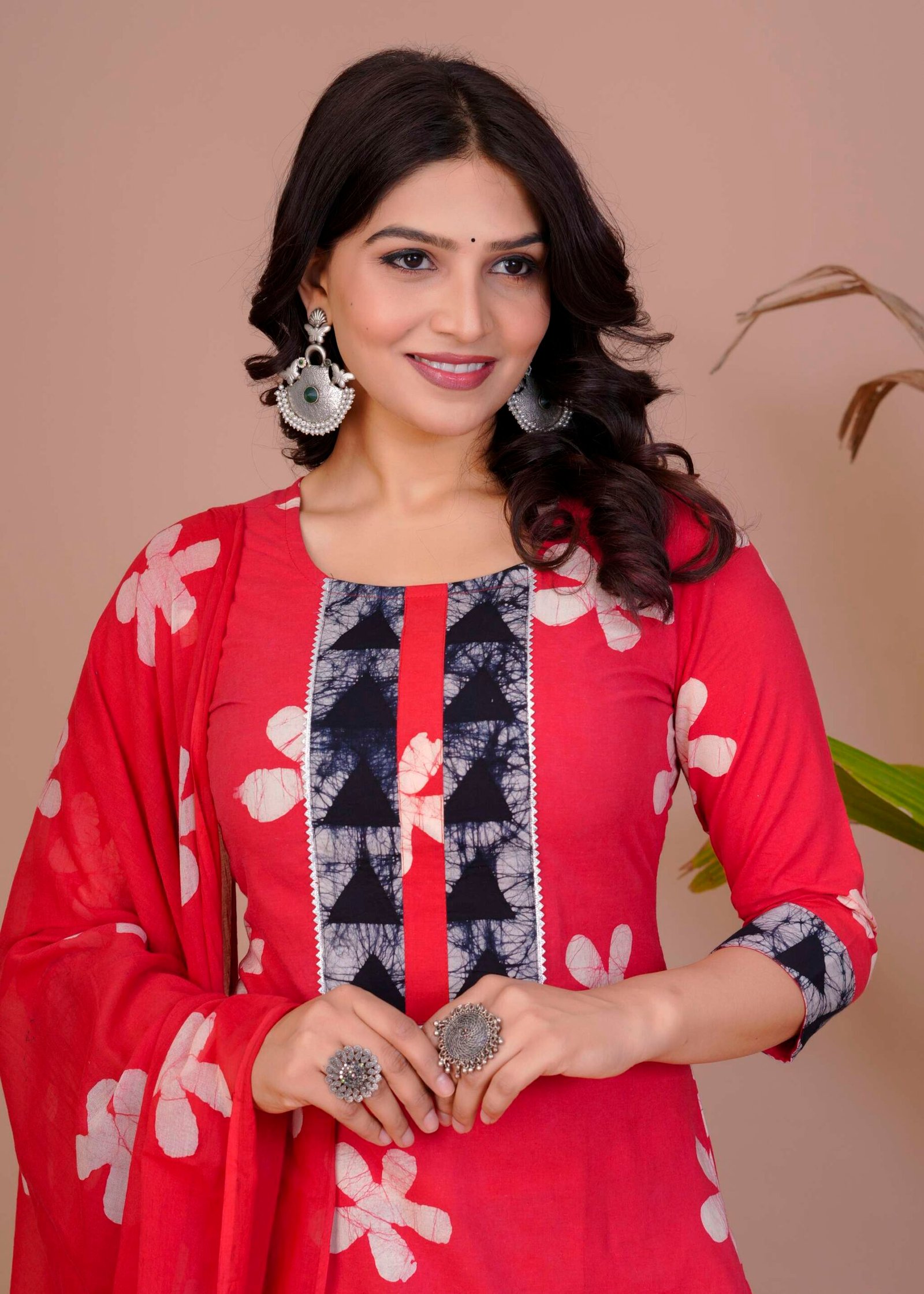 Women's Red Cotton Printed Straight Kurti with Pant & Dupatta Set - Image 3