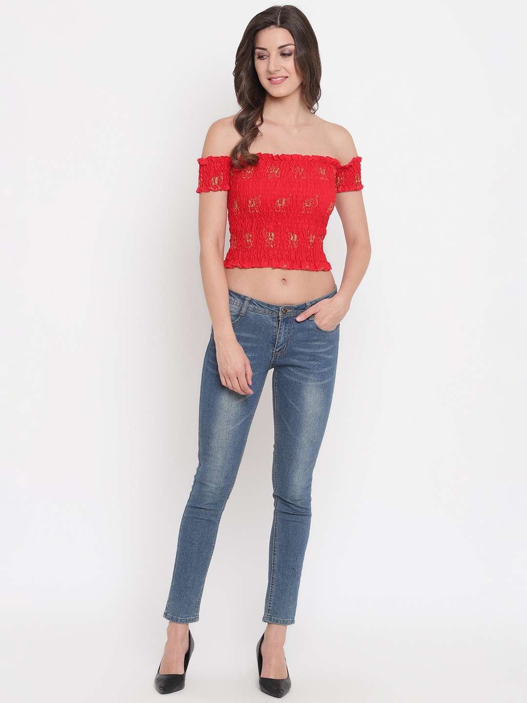 Women's Rayon Printed Off-Shoulder Smocked Crop Top Short Sleeve Casual Styles Tank Top (FREE SIZE) Multi11 - Image 3
