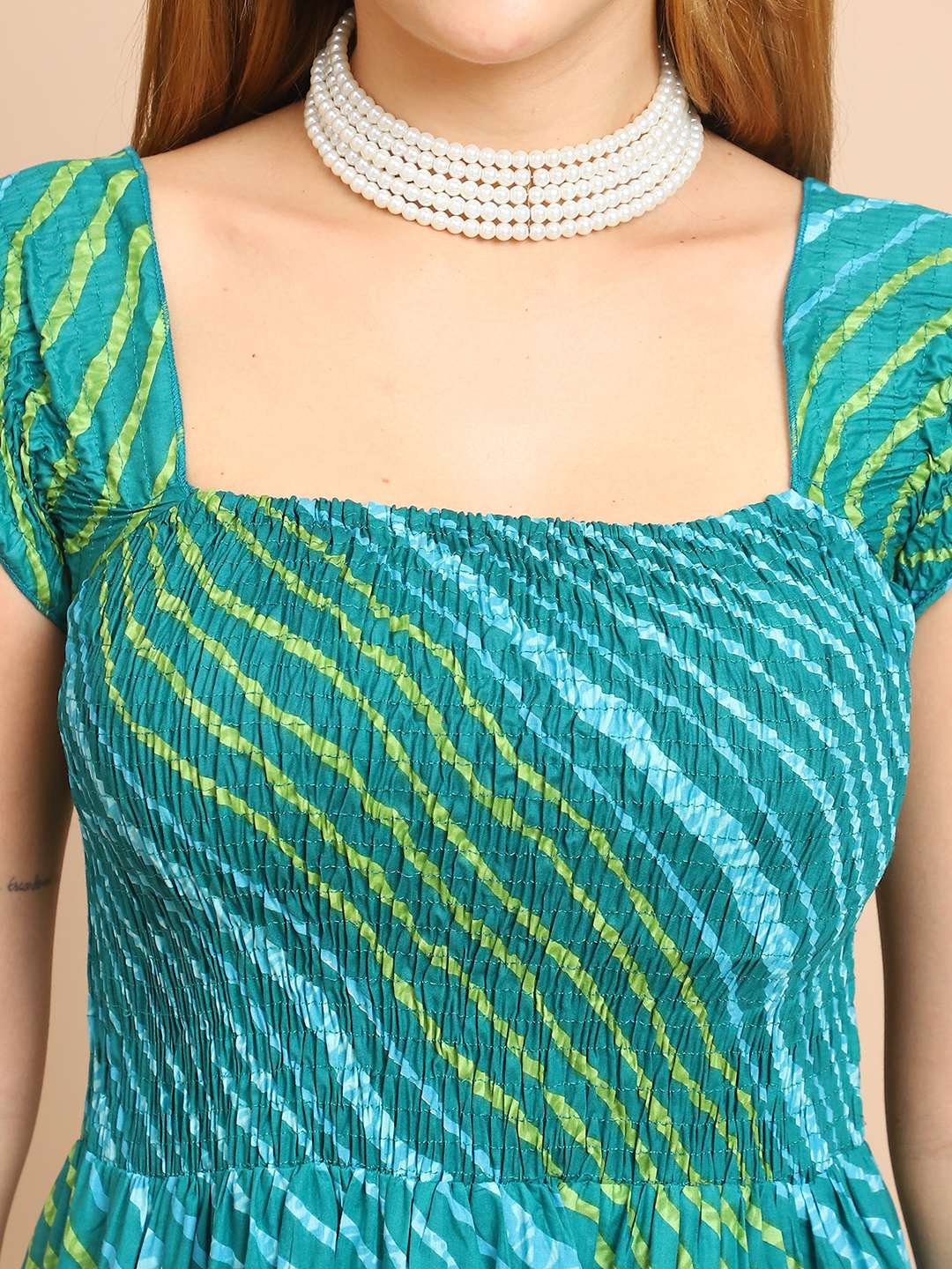 Women's Viscos Rayon Printed Off Shoulder Midi Dress For Summer And Casual Wear (Teal Blue) - Image 5