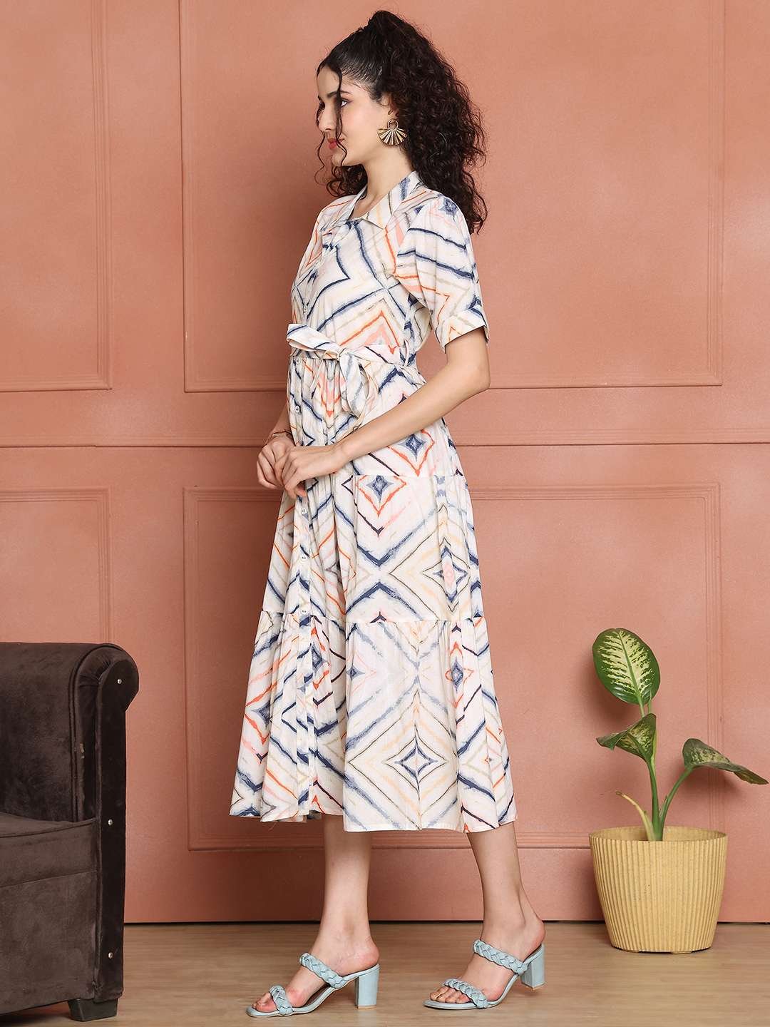 Women's Cotton Printed A-Line Midi Dress | Short Sleeve Flared Gown Dress (White)